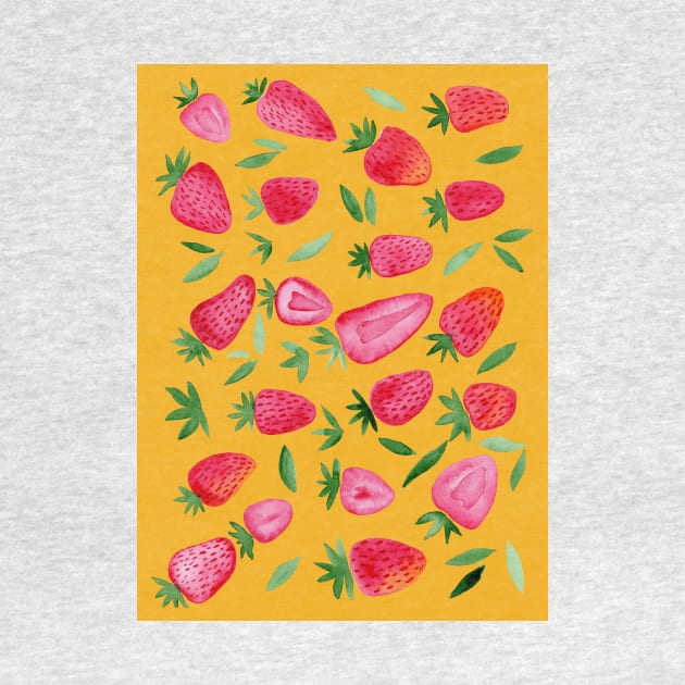 Watercolors strawberries - red and green on ochre by wackapacka